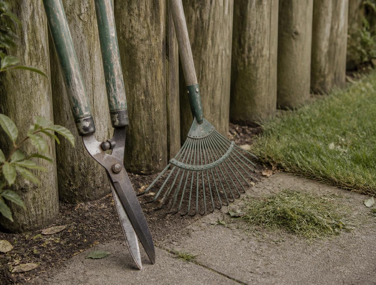 Garden shears and a rake resting against a timber fence beside a trimmed lawn edge