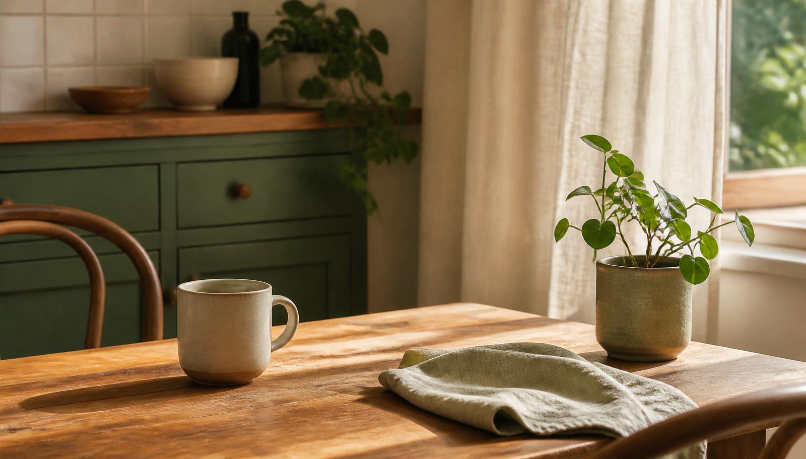 Sunlight across a timber kitchen table with a mug, a folded tea towel and a small potted plant